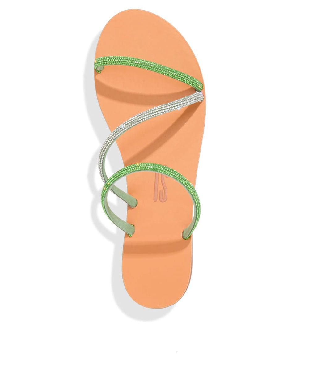 Rasteira Santa Lolla Verde Bico Redondo Tiras Strass