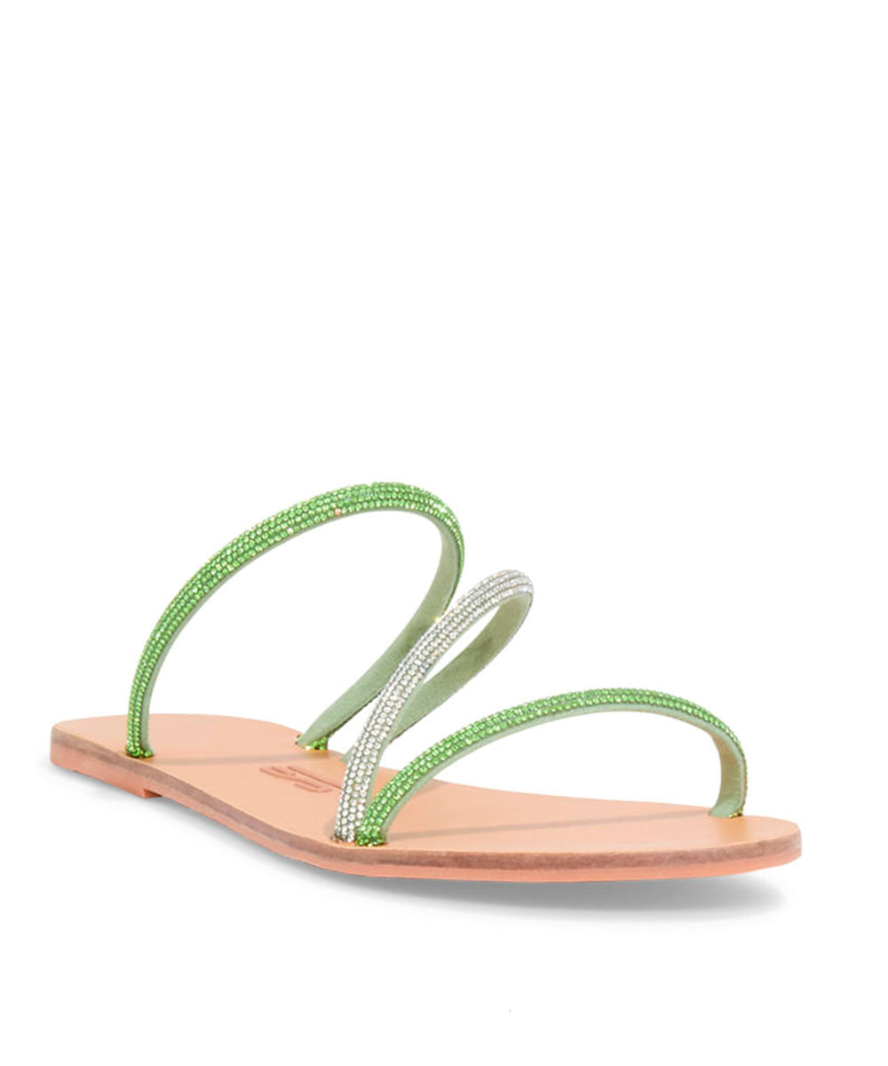 Rasteira Santa Lolla Verde Bico Redondo Tiras Strass