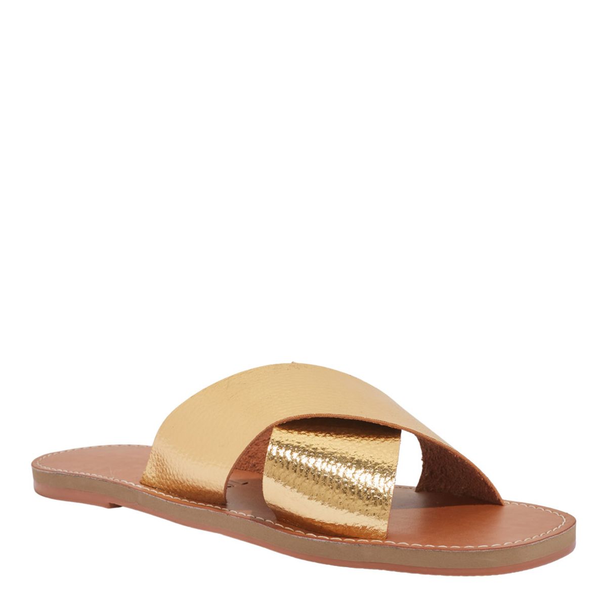 Rasteirinha Santa Lolla Dourada Tiras Cruzadas Bico Quadrado