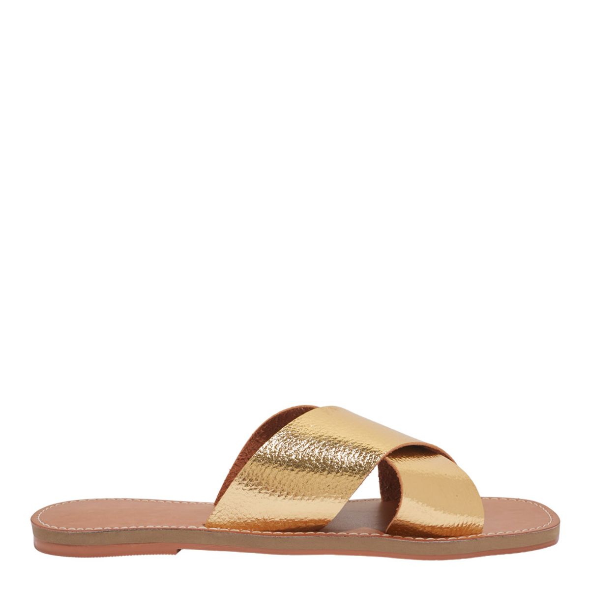 Rasteirinha Santa Lolla Dourada Tiras Cruzadas Bico Quadrado