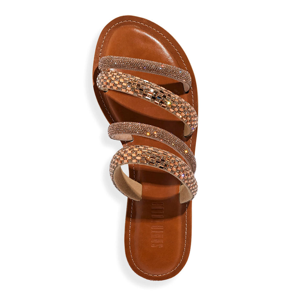 Rasteirinha Santa Lolla Marrom Tiras Strass Brilho