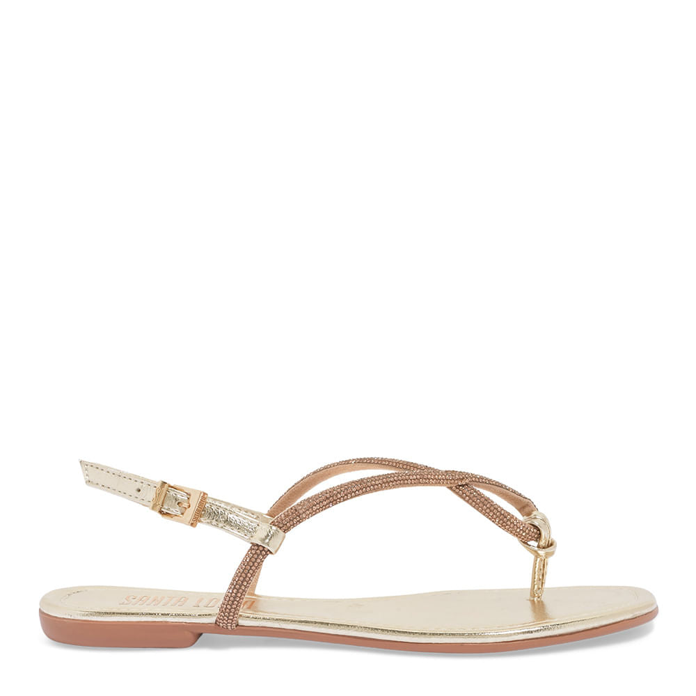 Rasteirinha Santa Lolla Strass Tiras Cruzadas Dourada Metalizada