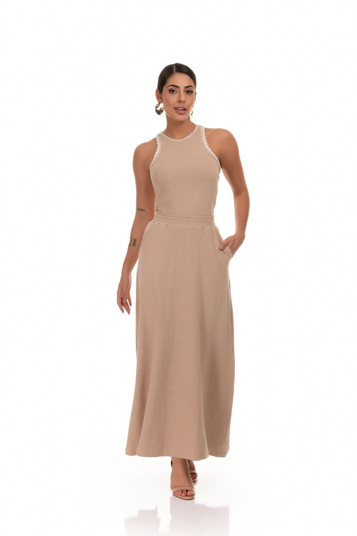 Regata Frysaide Acabamento Crochê Bege