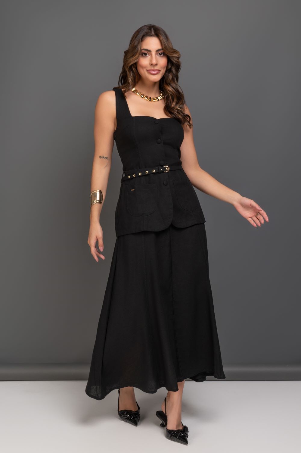 Saia De Linho Preta Frysaide