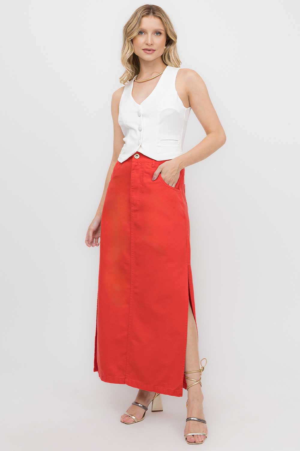 Saia Longuete Vermelho Fendas Laterais Frysaide