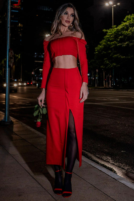 Saia Midi Alfaiataria Vermelha Frysaide