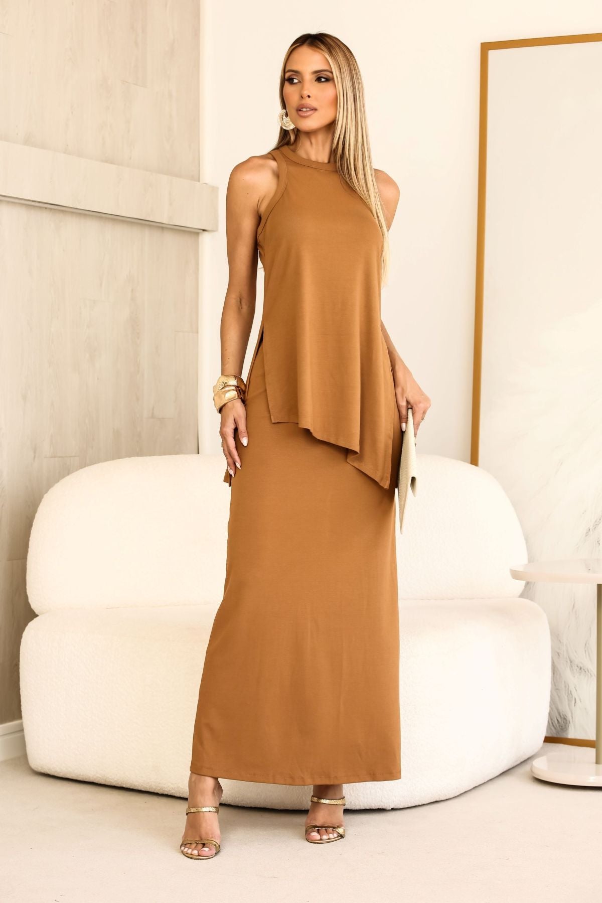 Saia Midi De Trico Marrom Frysaide