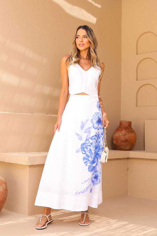 Saia Midi Linho Estampado Frysaide