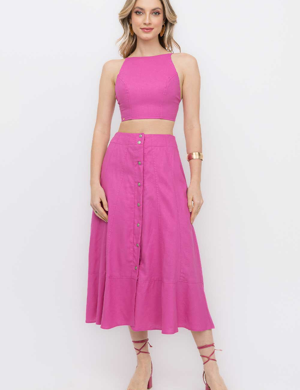Saia Midi Linho Rosa Recortes Frysaide