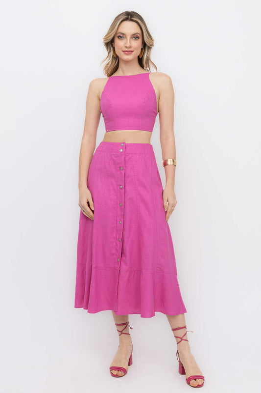 Saia Midi Linho Rosa Recortes Frysaide