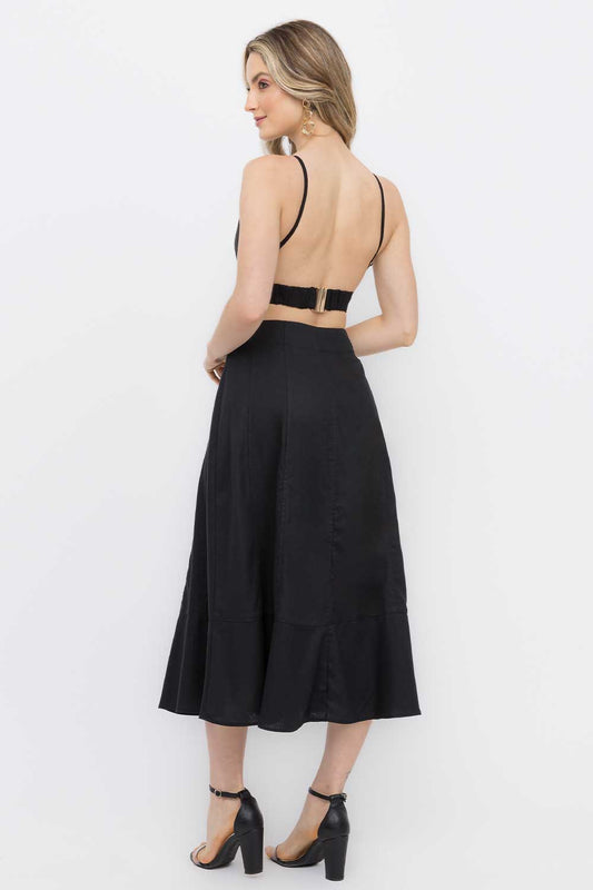 Saia Midi Preta Recortes Linho frysaide