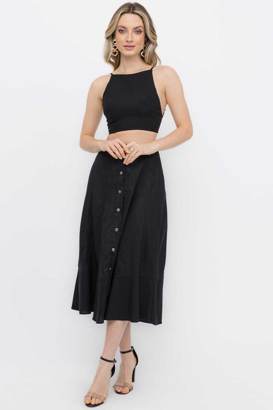 Saia Midi Preta Recortes Linho frysaide