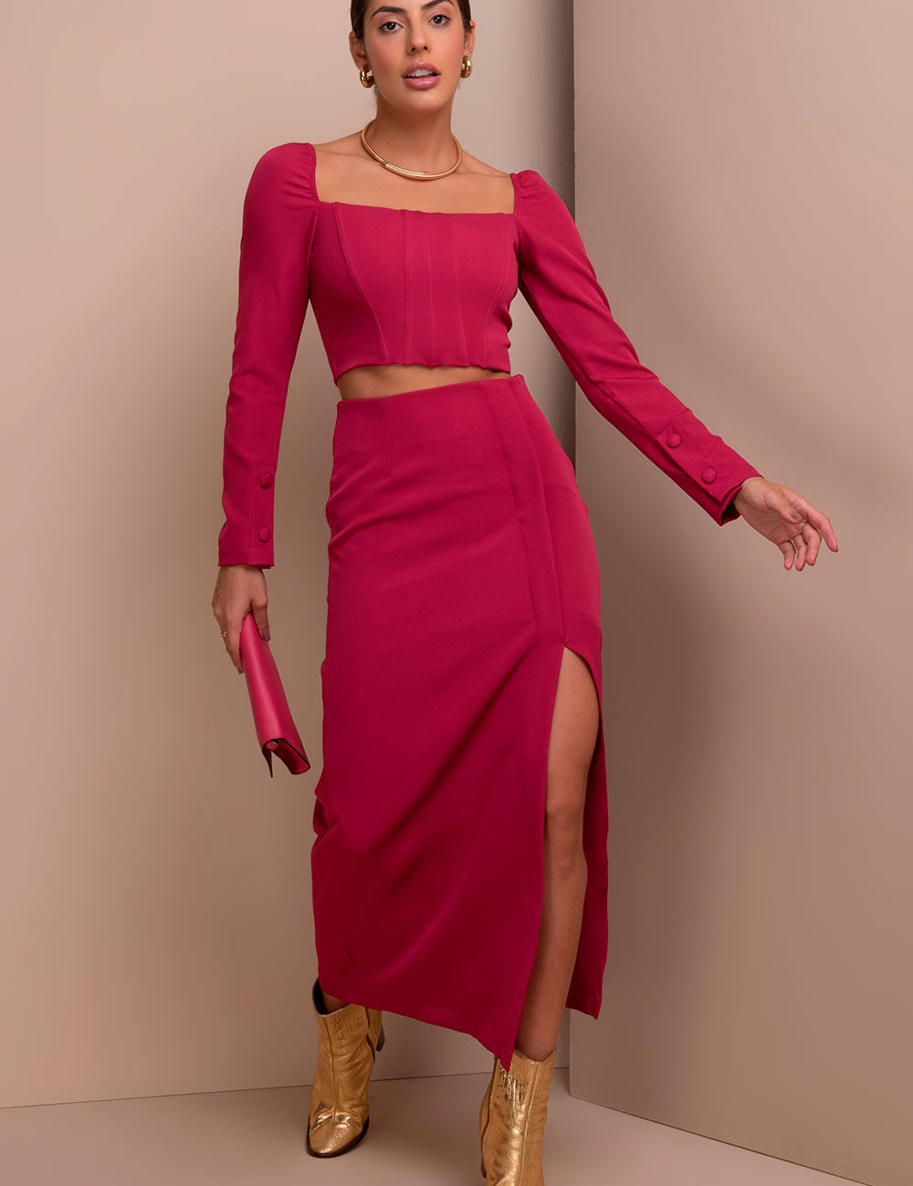 Saia Midi Rosa Alfaiataria Frysaide