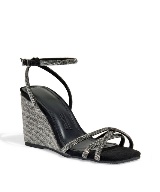 Sandália Anabela Santa Lolla Preta Tiras Cruzadas Brilho