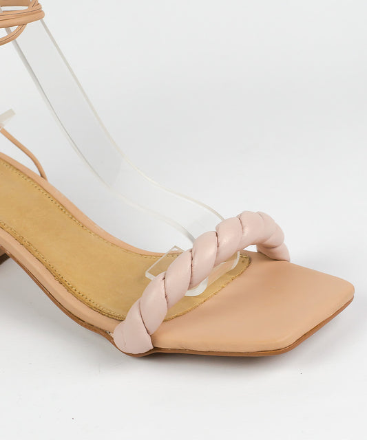 Sandália Degalls Nude Salto Médio Tira Tramada Amarração