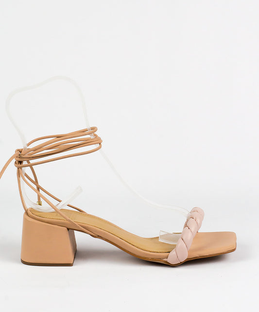 Sandália Degalls Nude Salto Médio Tira Tramada Amarração