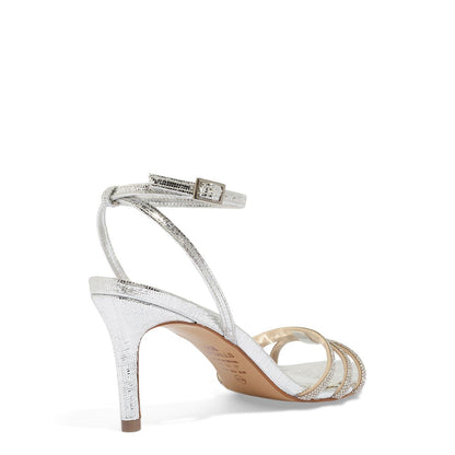 Sandália Degalls Prata Tiras Strass Salto Médio Fino