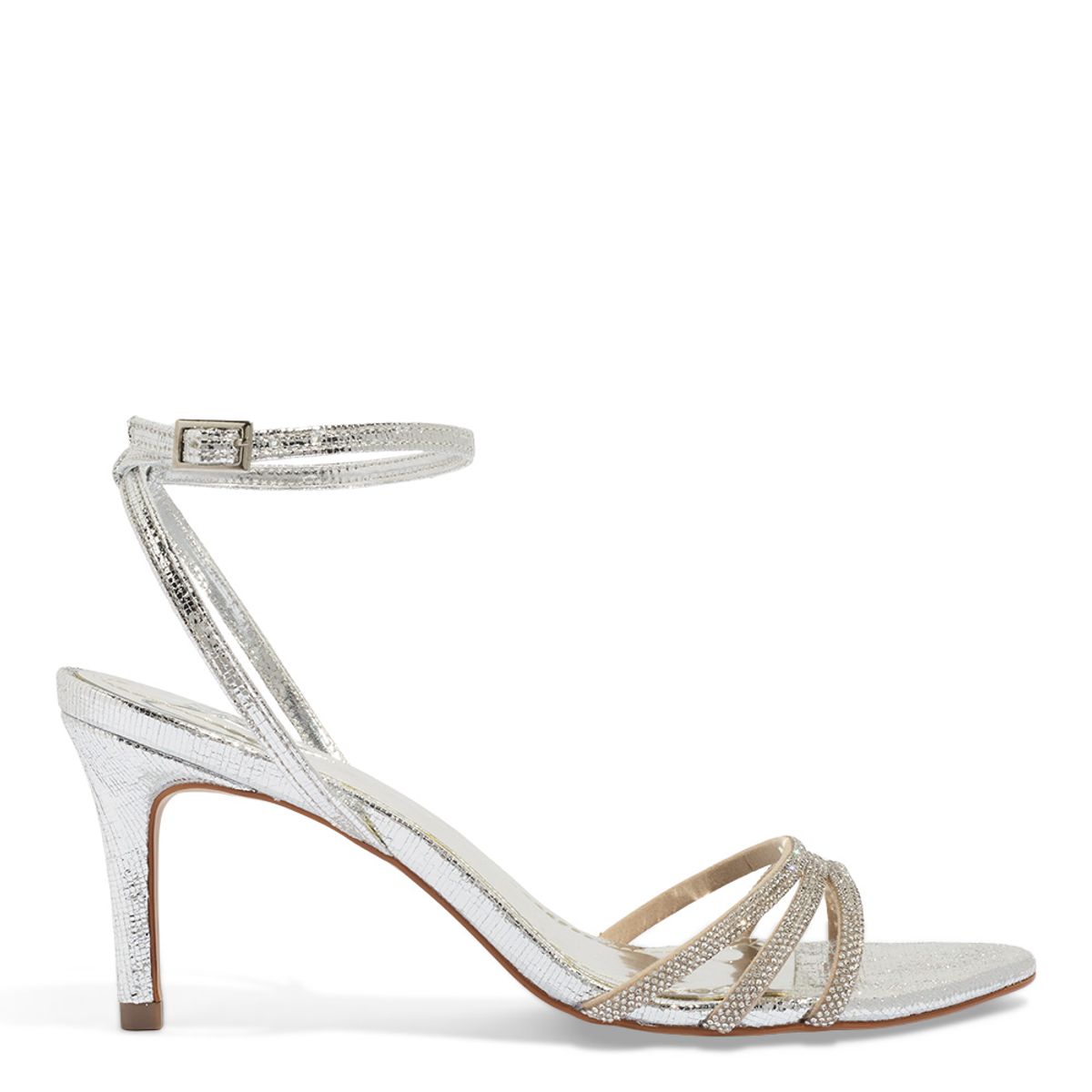 Sandália Degalls Prata Tiras Strass Salto Médio Fino