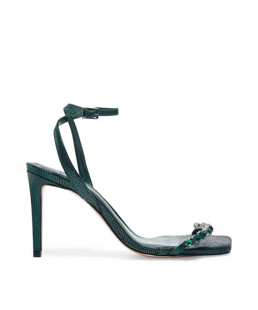 Sandália Degalls Verde Pedras Couro Cobra Salto Fino