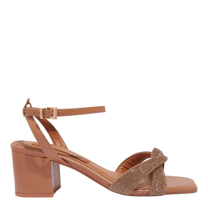 Sandália Santa Lolla Bege Tiras Strass Salto Bloco Médio