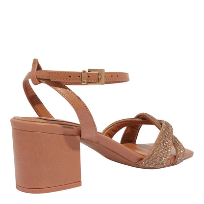 Sandália Santa Lolla Bege Tiras Strass Salto Bloco Médio