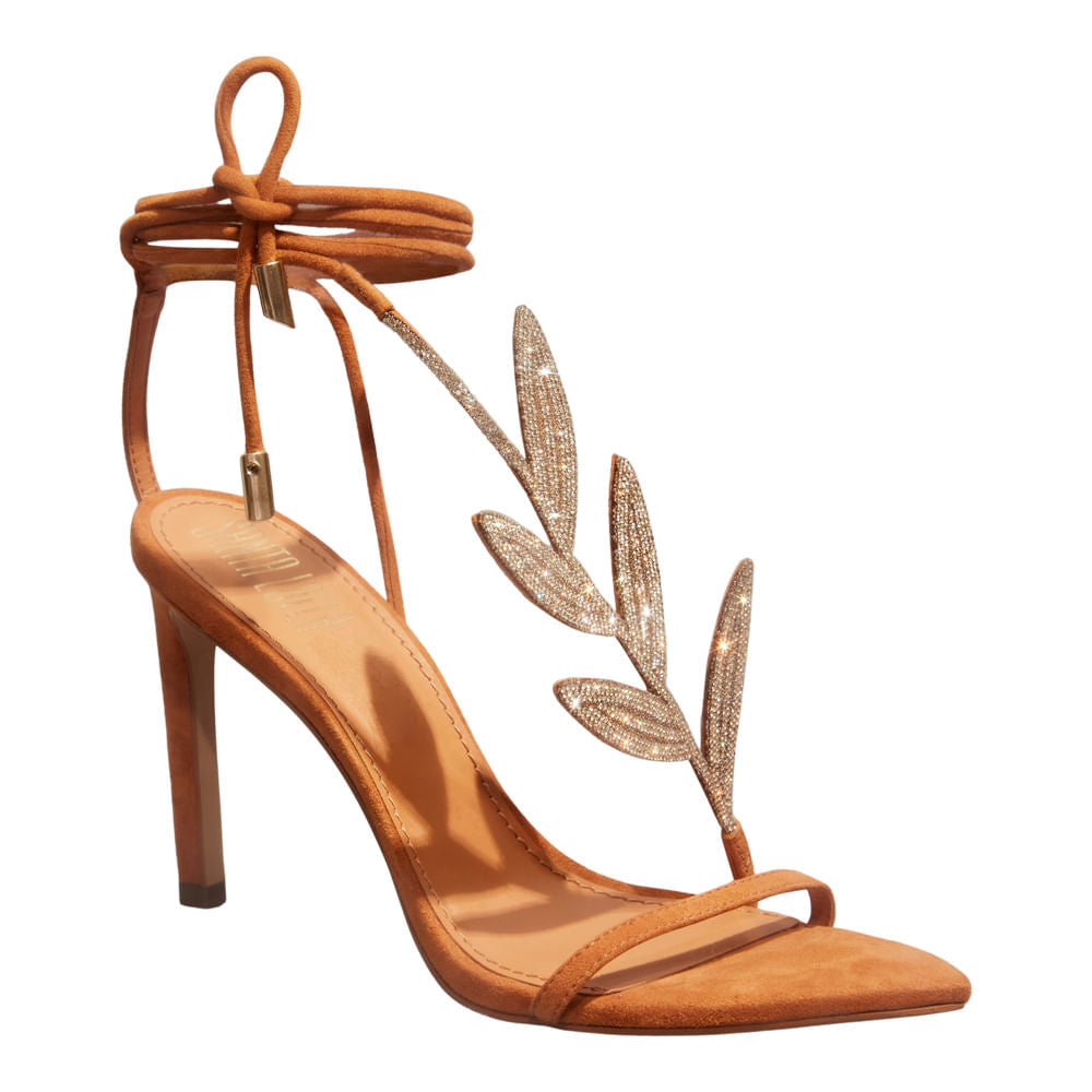 Sandália Santa Lolla Caramelo Camurça Folha Brilho Salto Fino
