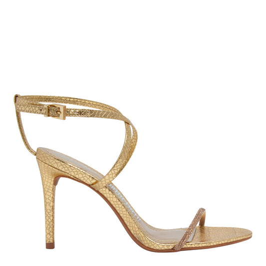 Sandália Santa Lolla Dourada Cobra Strass Salto Alto Fino