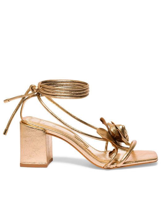 Sandália Santa Lolla Dourada Flor Salto Bloco Amarração