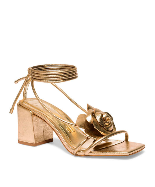 Sandália Santa Lolla Dourada Flor Salto Bloco Amarração
