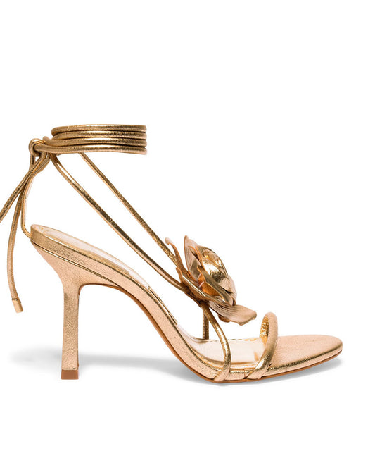 Sandália Santa Lolla Dourada Flor Salto Fino Amarração