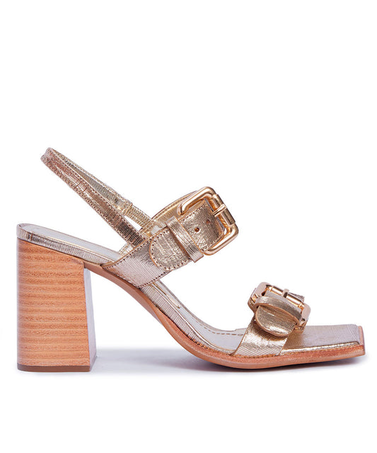 Sandália Santa Lolla Dourada Metalizada Fivela Salto Bloco