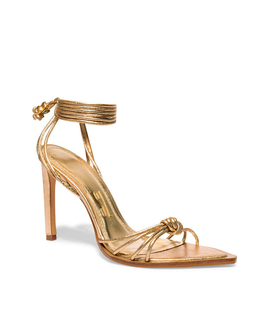 Sandália Santa Lolla Dourada Metalizada Salto Alto Amarração