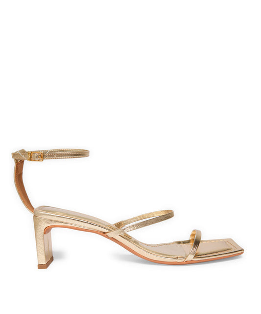 Sandália Santa Lolla Dourada Metalizada Salto Baixo Bico Quadrado