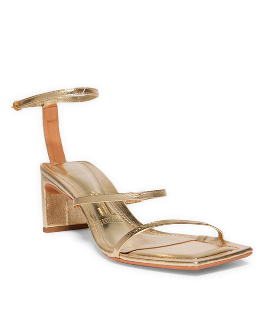 Sandália Santa Lolla Dourada Metalizada Salto Baixo Bico Quadrado