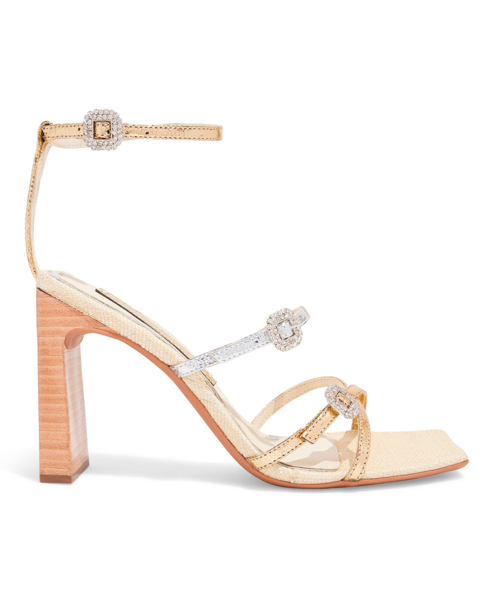 Sandália Santa Lolla Dourada Metalizada Strass Salto Madeira