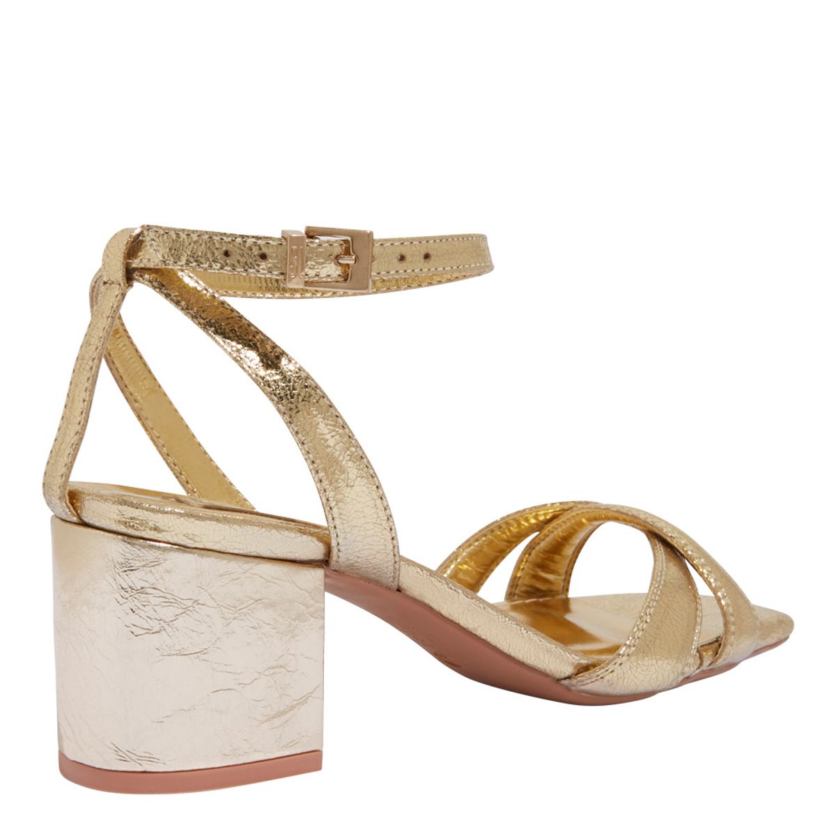 Sandália Santa Lolla Dourada Salto Bloco Bico Quadrado