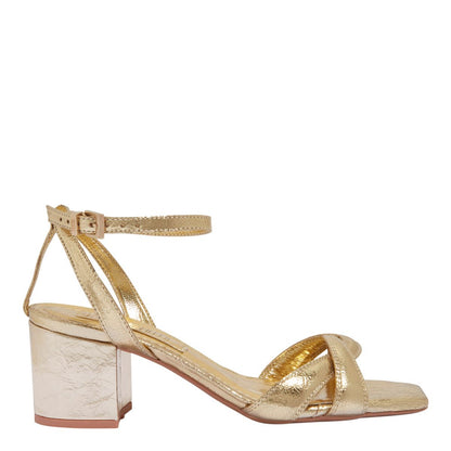 Sandália Santa Lolla Dourada Salto Bloco Bico Quadrado