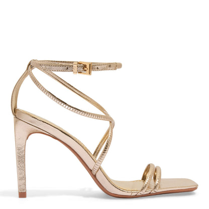 Sandália Santa Lolla Dourada Salto Fino Alto Tiras Cruzadas