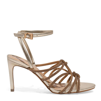 Sandália Santa Lolla Dourada Tiras Strass Salto Alto Fino