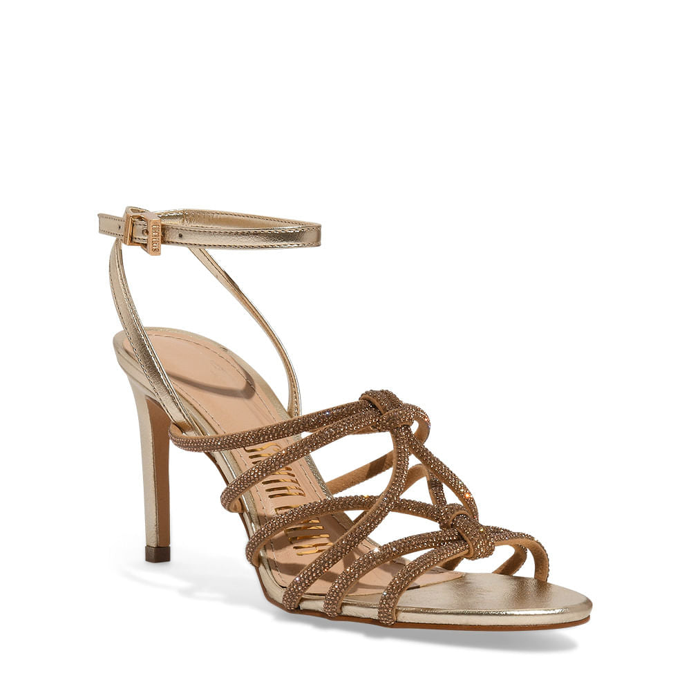 Sandália Santa Lolla Dourada Tiras Strass Salto Alto Fino