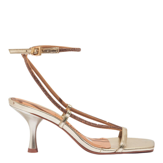 Sandália Santa Lolla Dourada Tiras Strass Salto Médio Fino