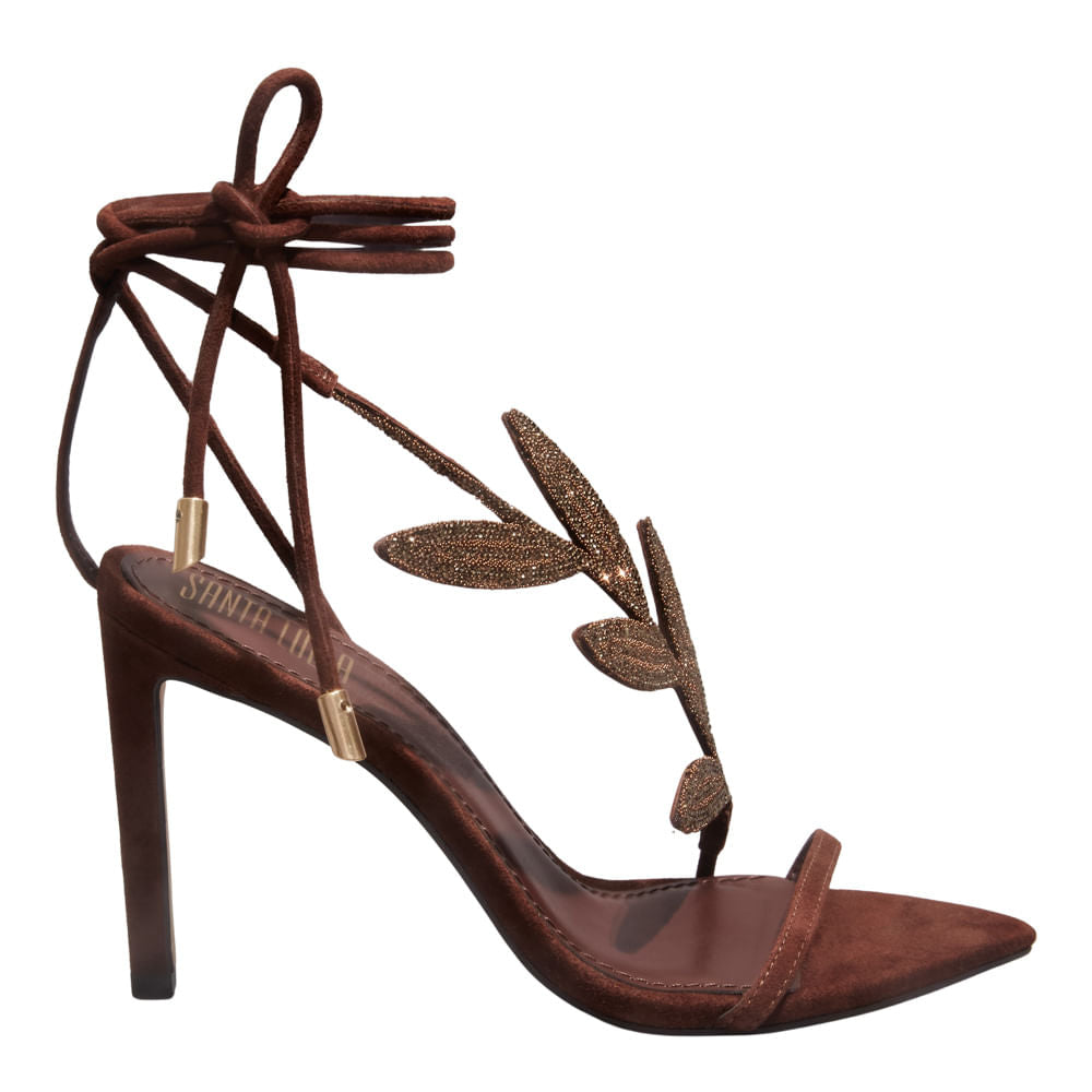 Sandália Santa Lolla Marrom Camurça Folha Brilho Salto Fino