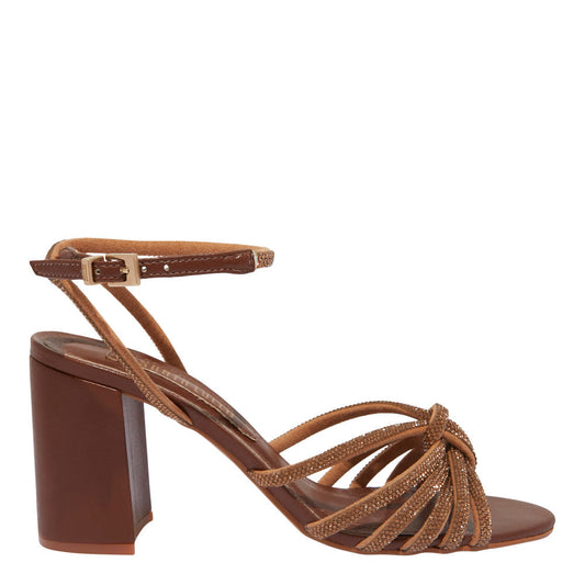 Sandália Santa Lolla Marrom Salto Bloco Tiras Strass