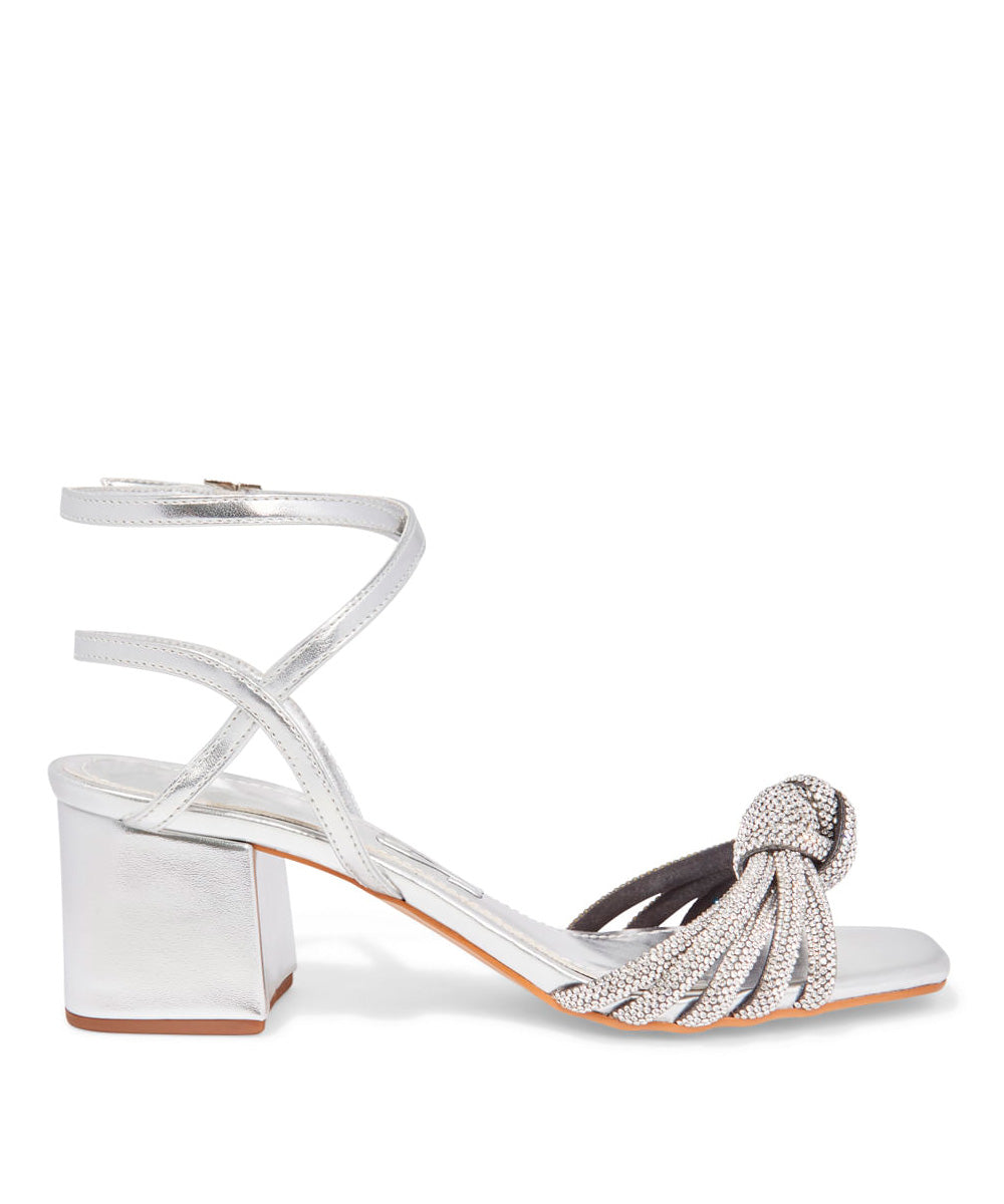 Sandália Santa Lolla Prata Nó Salto Bloco Baixo Strass