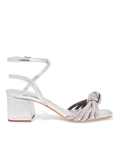 Sandália Santa Lolla Prata Nó Salto Bloco Baixo Strass