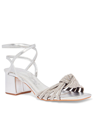 Sandália Santa Lolla Prata Nó Salto Bloco Baixo Strass