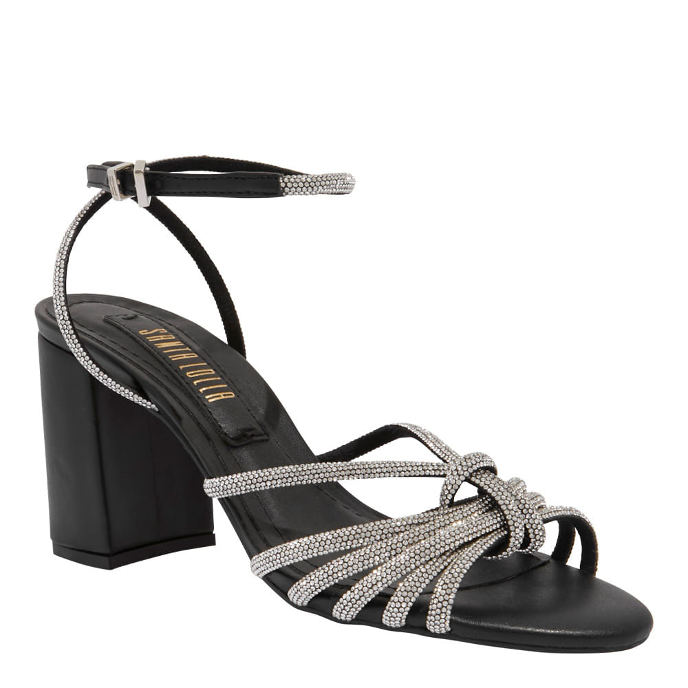 Sandália Santa Lolla Preta Salto Bloco Tiras Strass