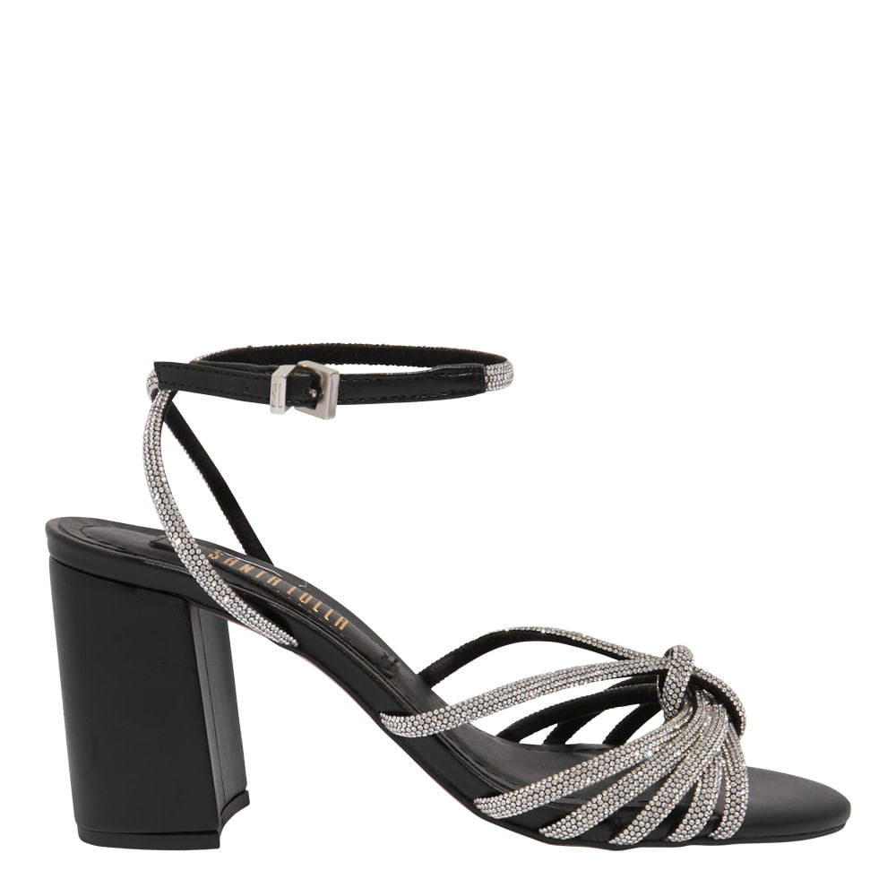 Sandália Santa Lolla Preta Salto Bloco Tiras Strass