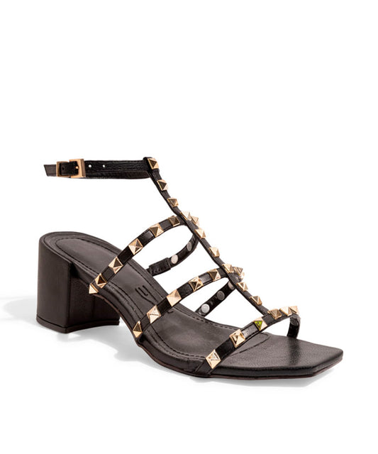 Sandalia Santa Lolla Preta Tiras Spikes Salto Bloco Baixo