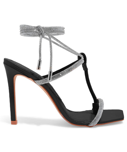 Sandália Santa Lolla Salto Alto Amarração Brilhos Strass Preta